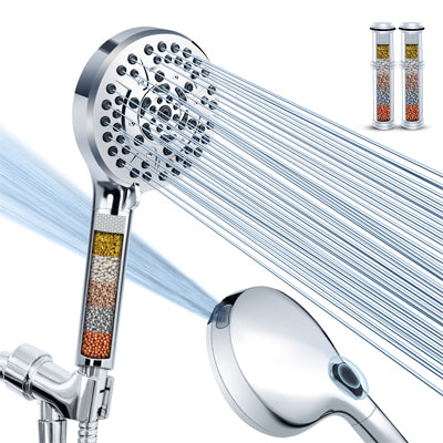 High Pressure 10-Mode Handheld Shower Head - Built in Power Wash for Clean, Replaceable Filter Soften Hard Water Remove Chlorine, 60 Inches Hose, Overhead Bracket, Anti-Clog Nozzle (Chrome)