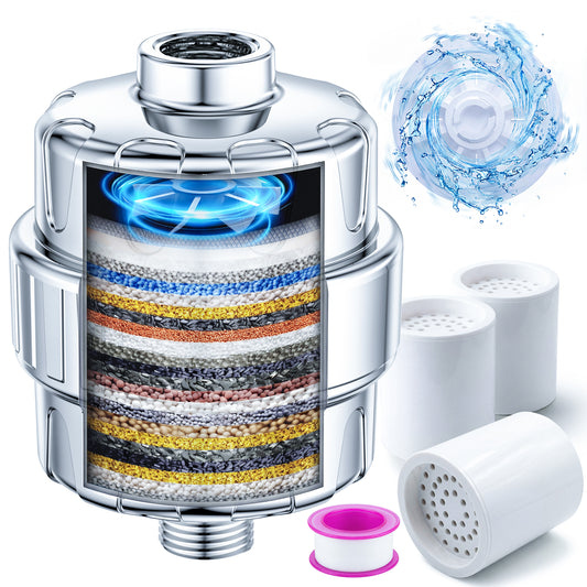 Shower Filter,25 Stage Shower Head Filter for Hard Water,with 3 Replaceable Filter Cartridges,for Healthier Skin & Hair,Removing Chlorine and Fluoride,Universal Fit,Polished Chrome