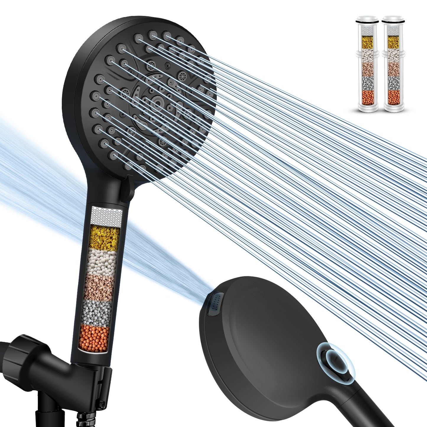 High Pressure 10-Mode Handheld Shower Head - Built in Power Wash for Clean, Replaceable Filter Soften Hard Water Remove Chlorine, 60 Inches Hose, Overhead Bracket, Anti-Clog Nozzle (Chrome)